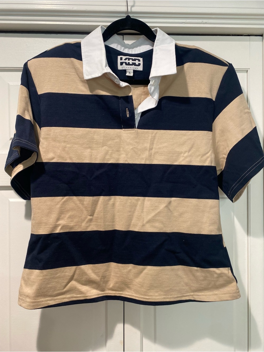 Kappa Women's Short-Sleeve Fitted Rugby Shirt in Navy and Tan